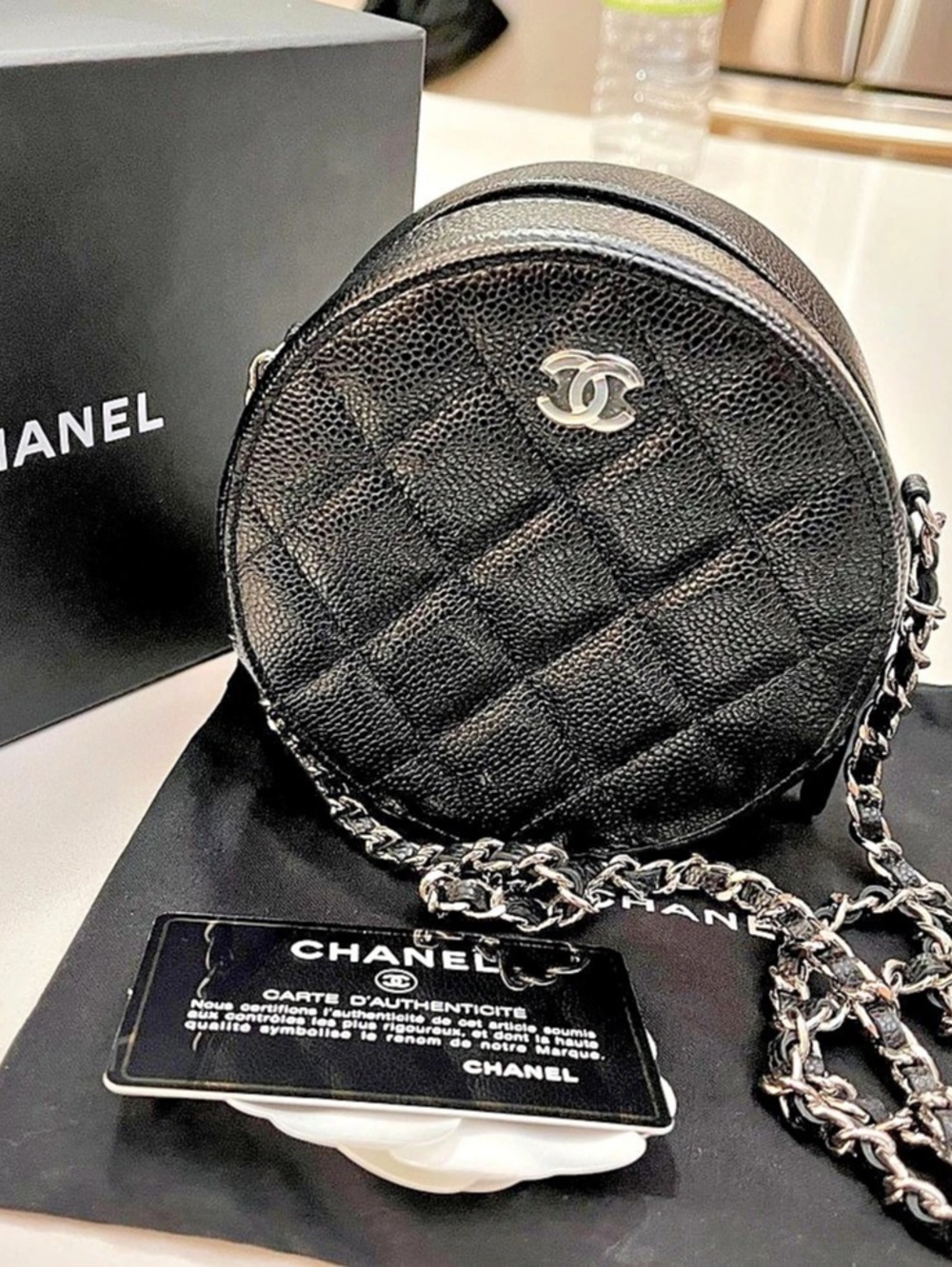 Unused w packaging CHANEL 5โ Round Clutch with Chain, Black Caviar leather Silve